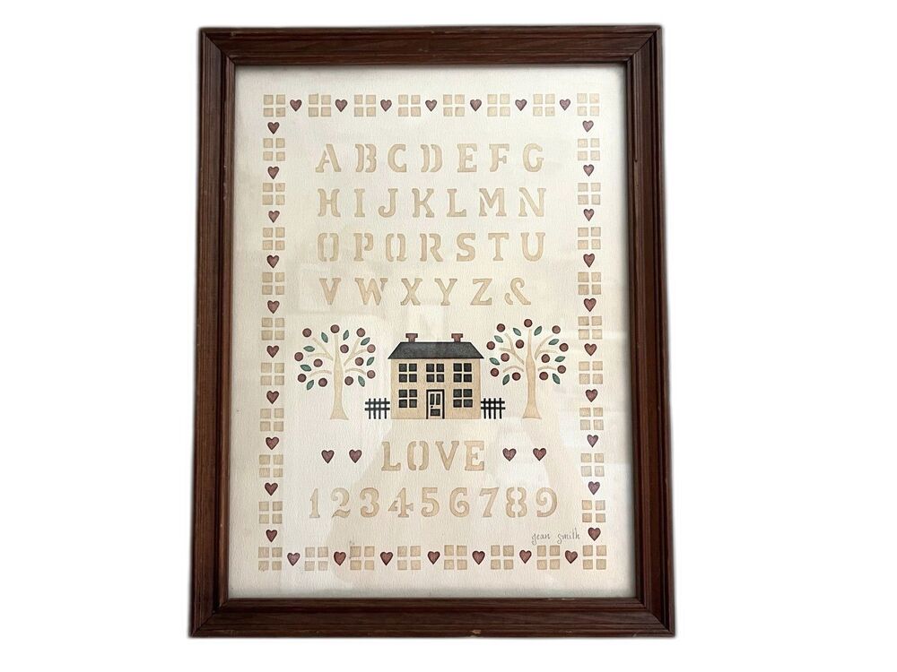 1980s Vintage Framed Alphabet LOVE House Art Print Piece by Jean Smith